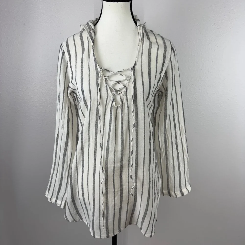 Billabong Same Story Cover Up Womens S Small White Gray Striped Lace Up Hooded